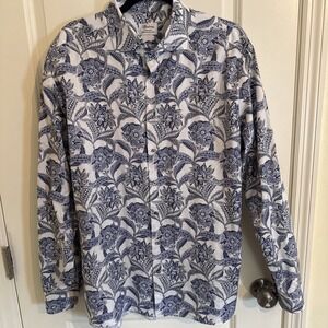 Stenströms Blue Floral LS Shirt Size 18 Fitted Body Twofold Super Cotton